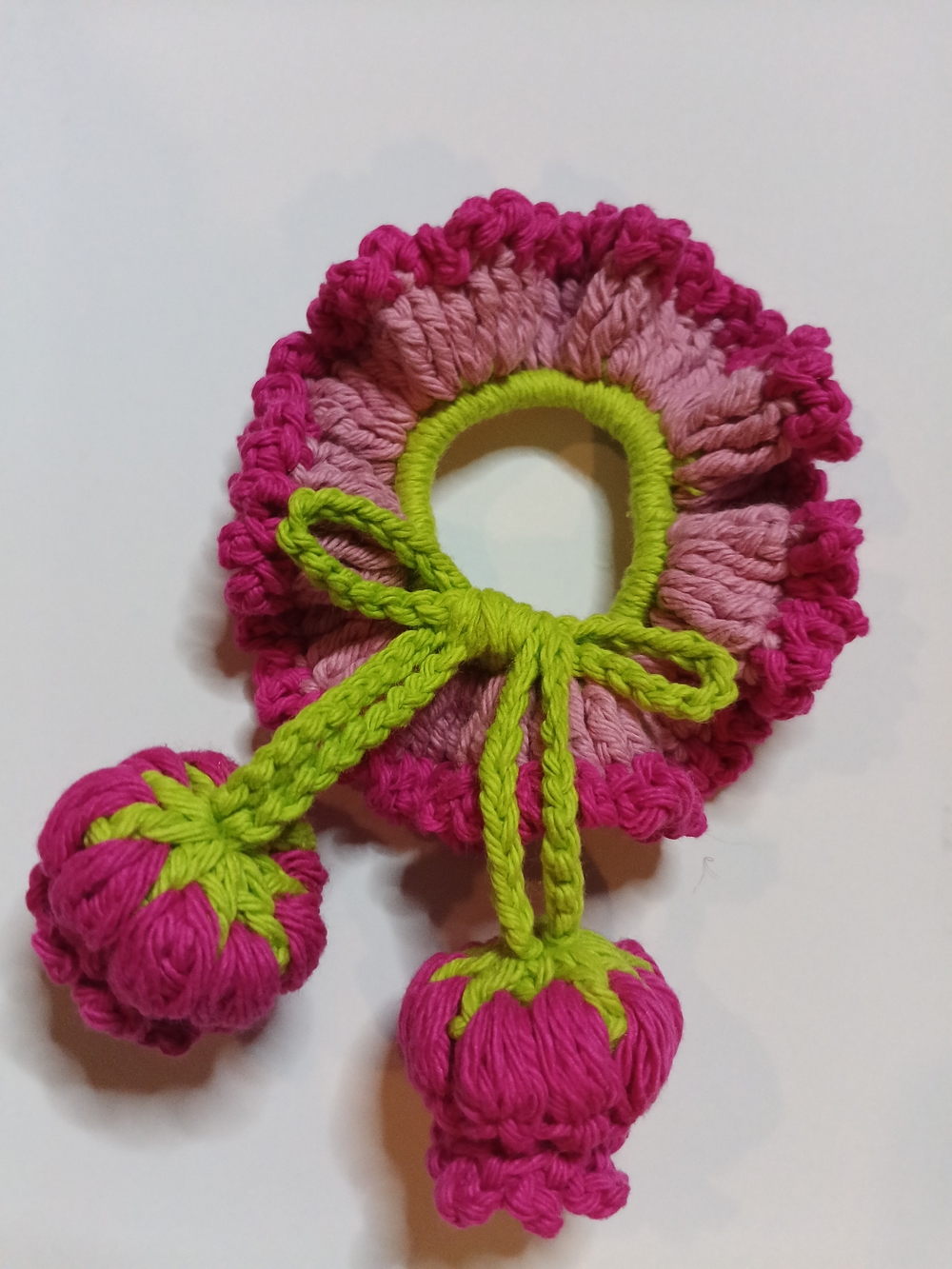 Pink & Lime Crochet Pom-Pom Hair Scrunchie